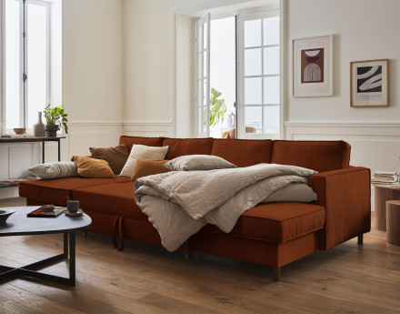 Canapé panoramique en U 7 places convertible avec coffre en velours côtelé Jake