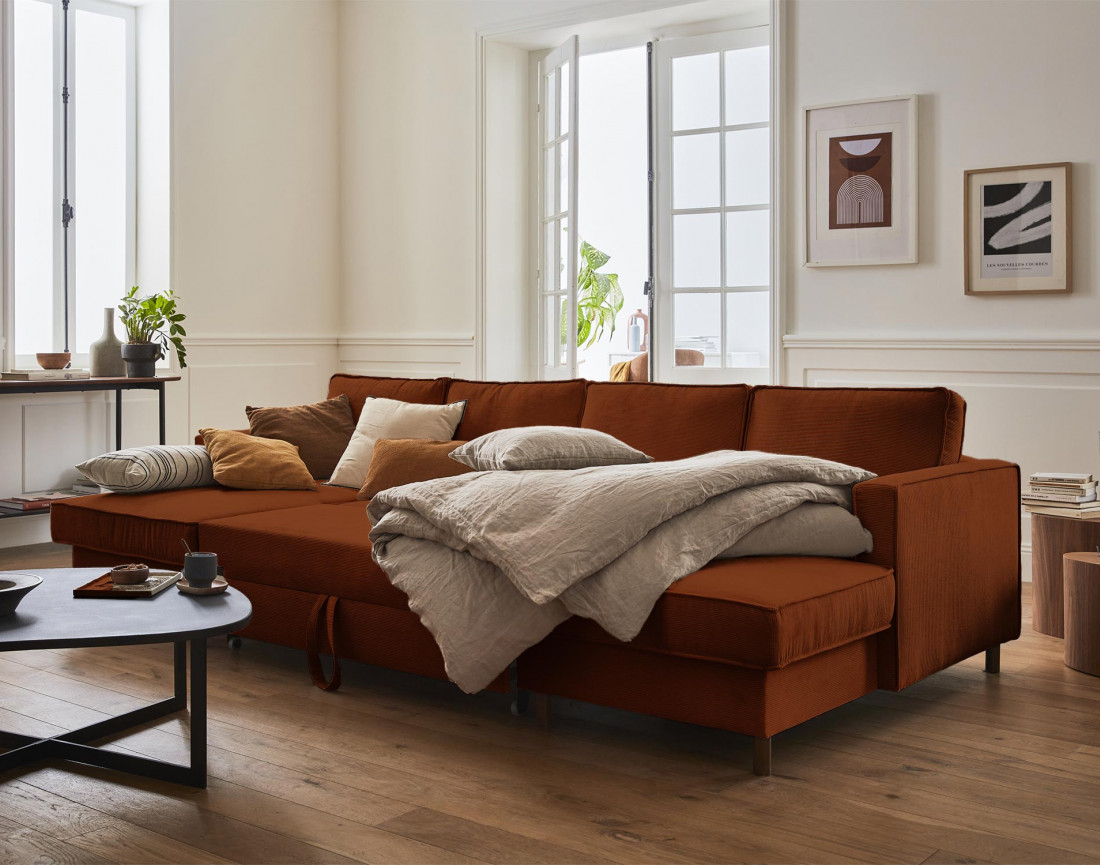 Canapé panoramique en U 7 places convertible avec coffre en velours côtelé Jake