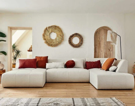 Canapé panoramique d'angle droit 7 places en tissu Onyx