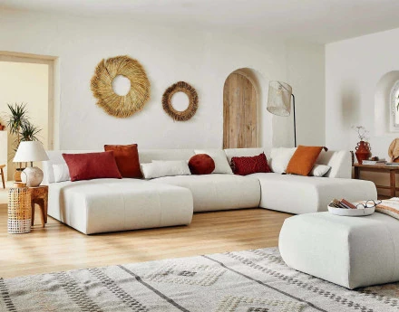 Canapé panoramique d'angle droit 7 places en tissu Onyx