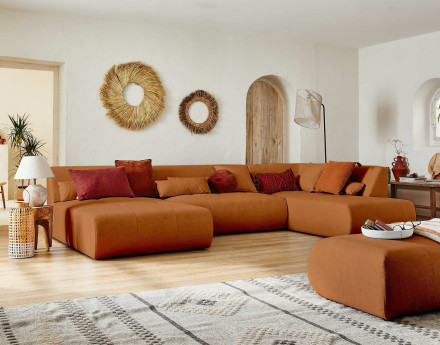 Canapé panoramique d'angle droit 7 places en tissu Onyx