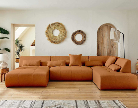 Canapé panoramique d'angle droit 7 places en tissu Onyx