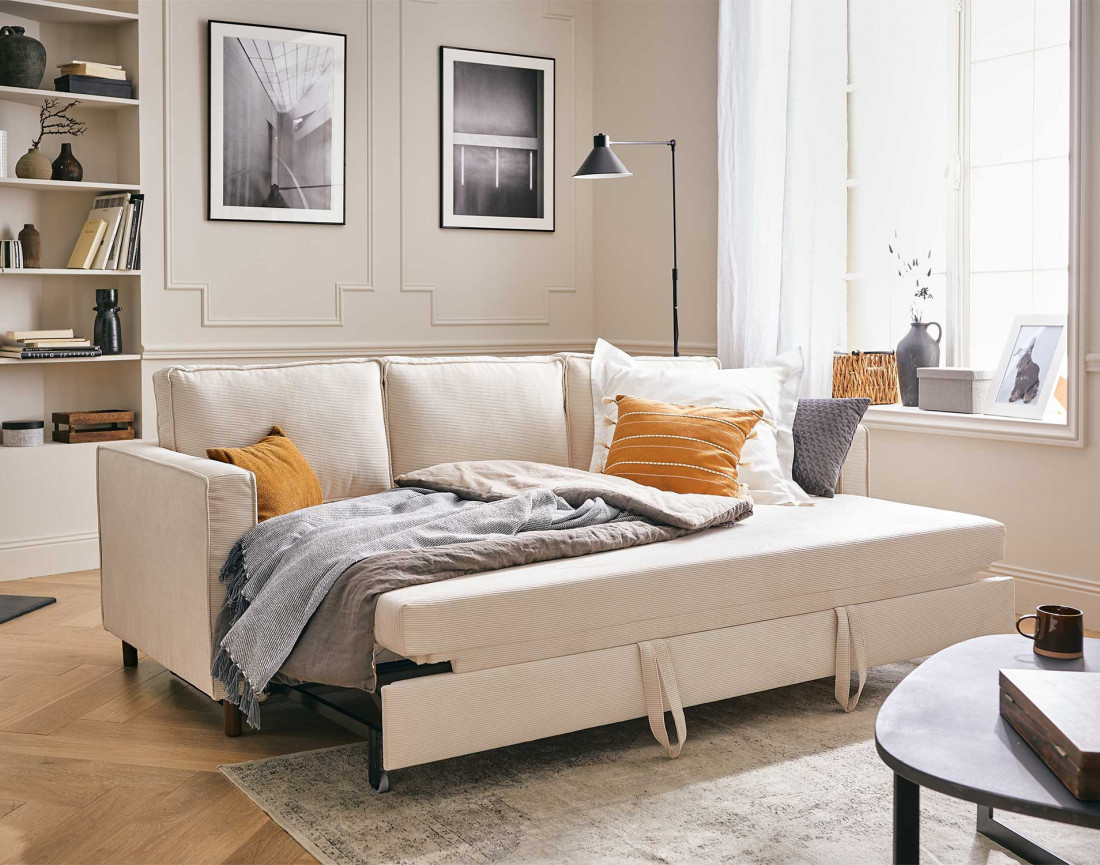 Canapé 3 places convertible en velours côtelé Jake