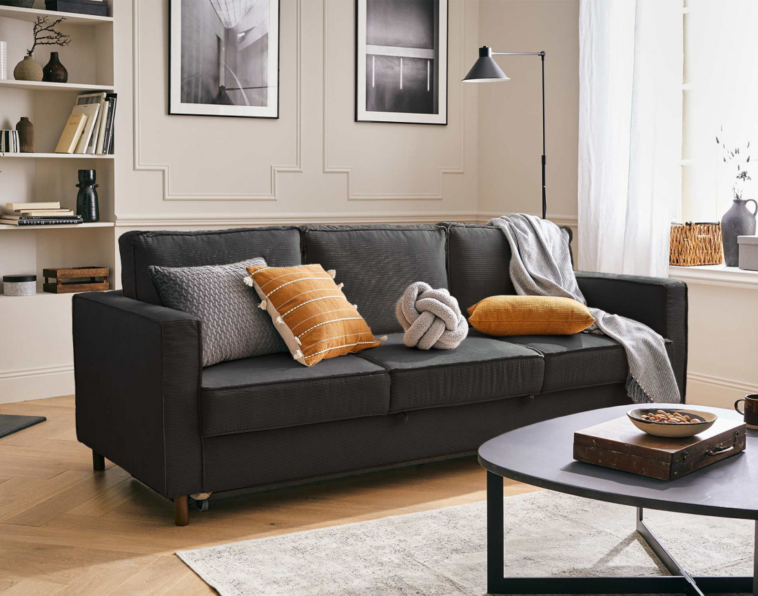 Canapé 3 places convertible en velours côtelé Jake