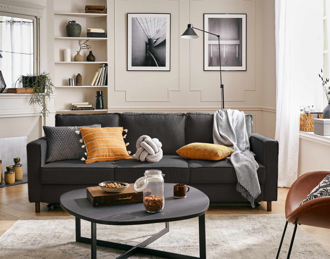 Canapé 3 places convertible en velours côtelé Jake