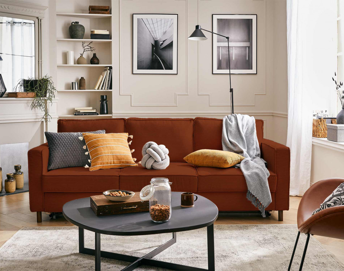 Canapé 3 places convertible en velours côtelé Jake