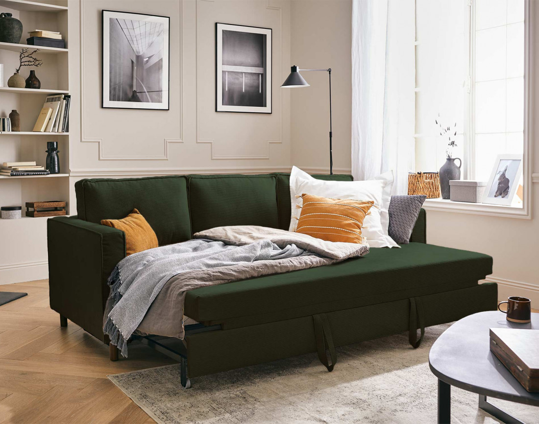 Canapé 3 places convertible en velours côtelé Jake