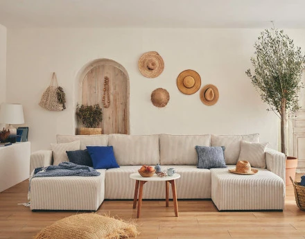 Canapé panoramique en U 7 places convertible avec coffre en velours côtelé Topaze