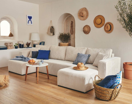 Canapé panoramique en U 7 places convertible avec coffre en velours côtelé Topaze