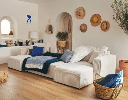 Canapé panoramique en U 7 places convertible avec coffre en velours côtelé Topaze