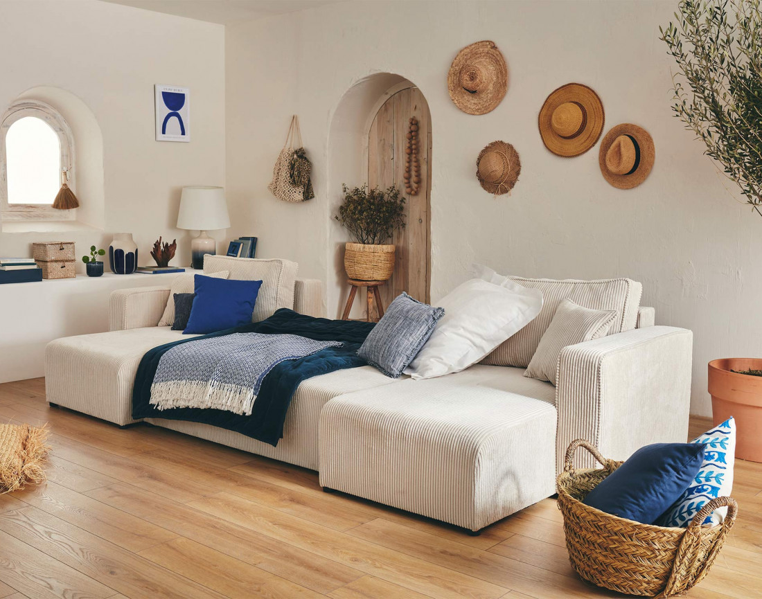 Canapé panoramique en U 7 places convertible avec coffre en velours côtelé Topaze Canapé panoramique en U 7 places convertible avec coffre en velours côtelé Topaze