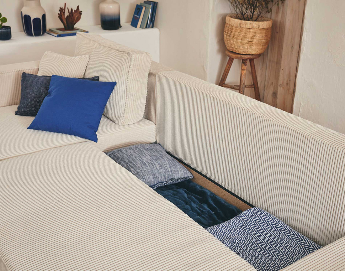 Canapé panoramique en U 7 places convertible avec coffre en velours côtelé Topaze Canapé panoramique en U 7 places convertible avec coffre en velours côtelé Topaze