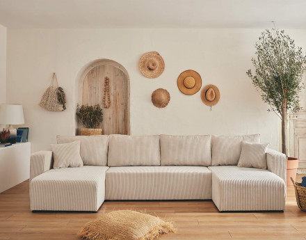 Canapé panoramique en U 7 places convertible avec coffre en velours côtelé Topaze