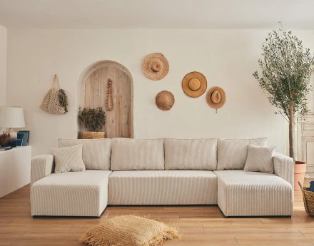 Canapé panoramique en U 7 places convertible avec coffre en velours côtelé Topaze