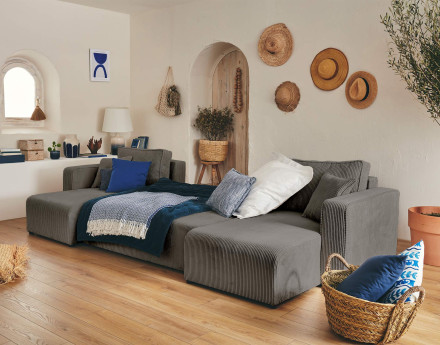 Canapé panoramique en U 7 places convertible avec coffre en velours côtelé Topaze