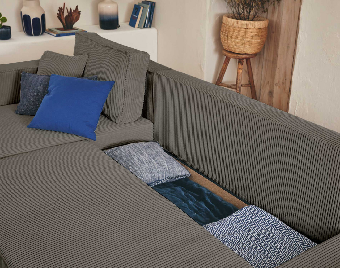 Canapé panoramique en U 7 places convertible avec coffre en velours côtelé Topaze