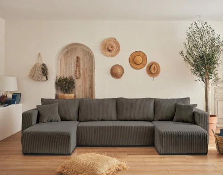 Canapé panoramique en U 7 places convertible avec coffre en velours côtelé Topaze