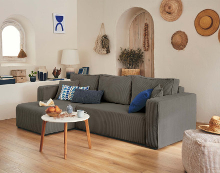 Canapé d'angle réversible 4 places convertible avec coffre en velours côtelé Topaze