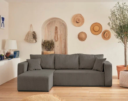 Canapé d'angle réversible 4 places convertible avec coffre en velours côtelé Topaze