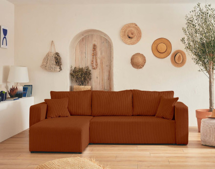 Canapé d'angle réversible 4 places convertible avec coffre en velours côtelé Topaze