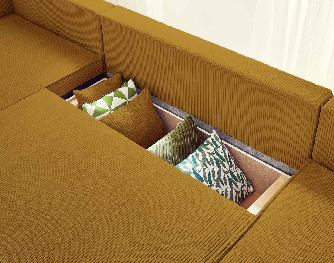 Dellia - canapé panoramique en U 7 places convertible avec coffre en velours côtelé - style contemporain