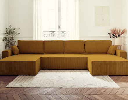 Dellia - canapé panoramique en U 7 places convertible avec coffre en velours côtelé - style contemporain