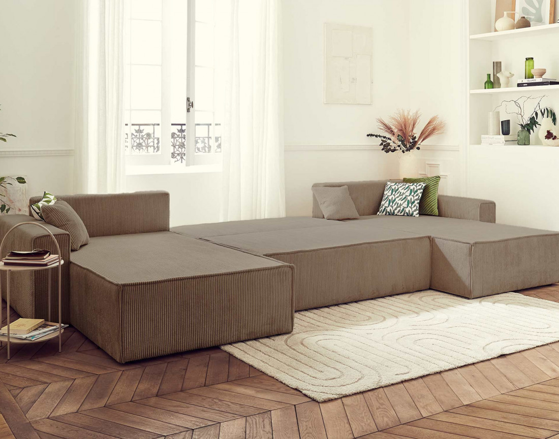 Dellia - canapé panoramique en U 7 places convertible avec coffre en velours côtelé - style contemporain
