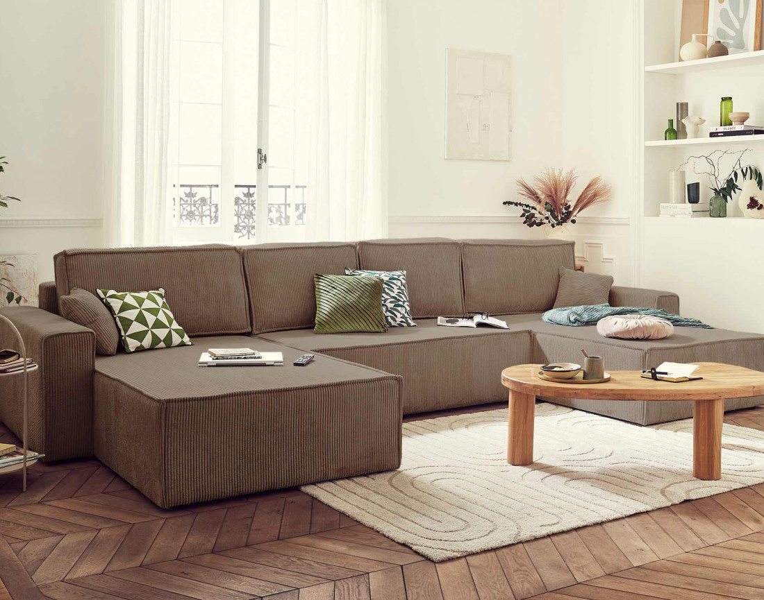 Dellia - canapé panoramique en U 7 places convertible avec coffre en velours côtelé - style contemporain