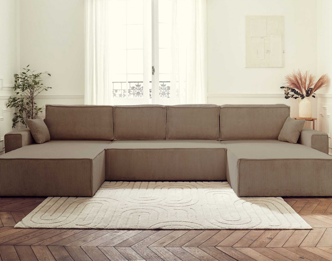Dellia - canapé panoramique en U 7 places convertible avec coffre en velours côtelé - style contemporain