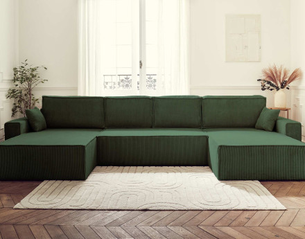 Dellia - canapé panoramique en U 7 places convertible avec coffre en velours côtelé - style contemporain