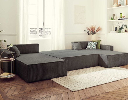 Dellia - canapé panoramique en U 7 places convertible avec coffre en velours côtelé - style contemporain
