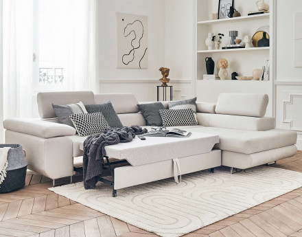 Pablo - canapé d'angle droit en velours convertible avec coffre et têtières réglables 5 places - style contemporain