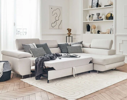 Pablo - canapé d'angle droit en velours convertible avec coffre et têtières réglables 5 places - style contemporain