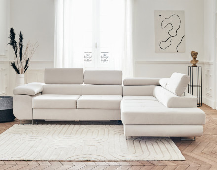 Pablo - canapé d'angle droit en velours convertible avec coffre et têtières réglables 5 places - style contemporain