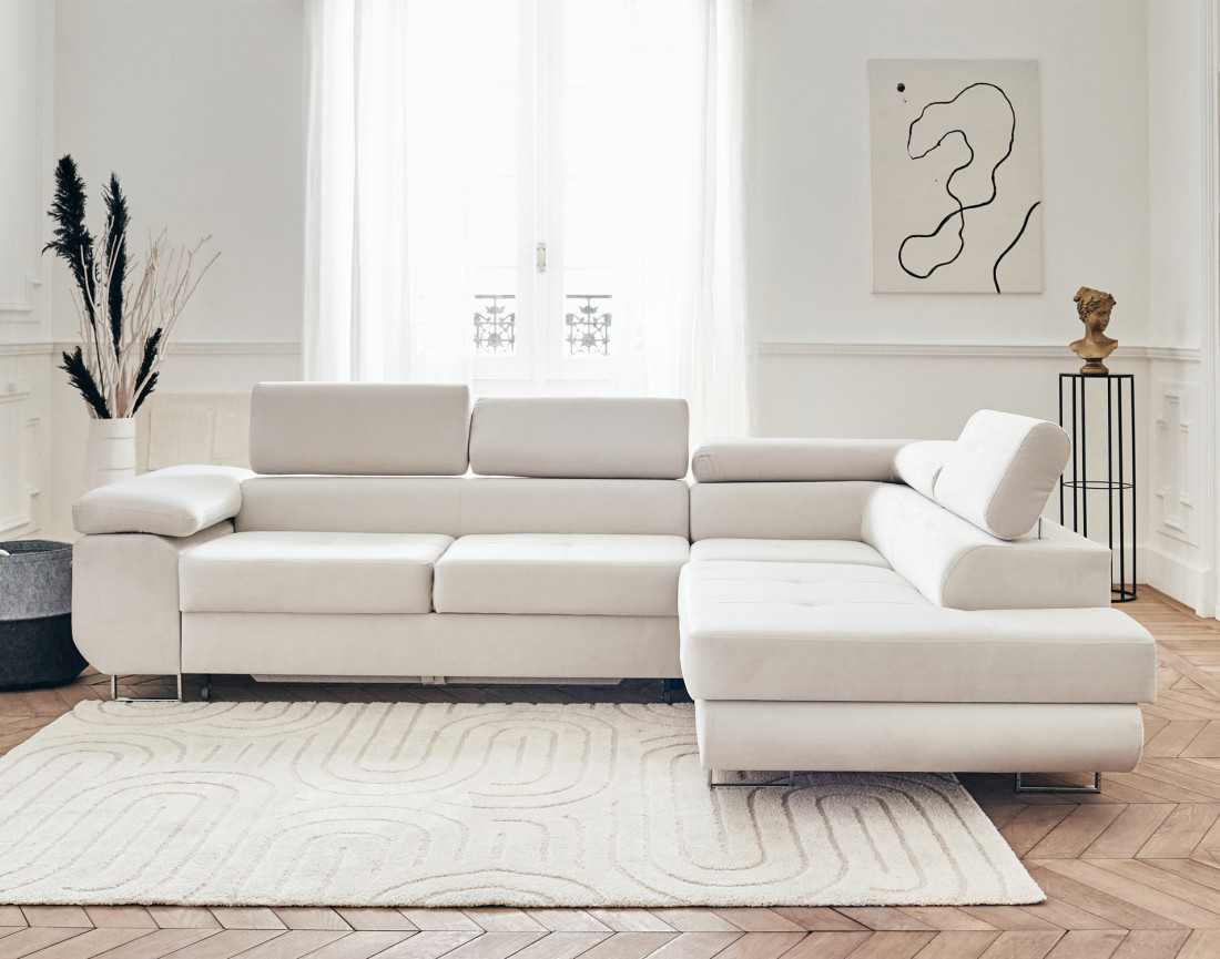 Pablo - canapé d'angle droit en velours convertible avec coffre et têtières réglables 5 places - style contemporain
