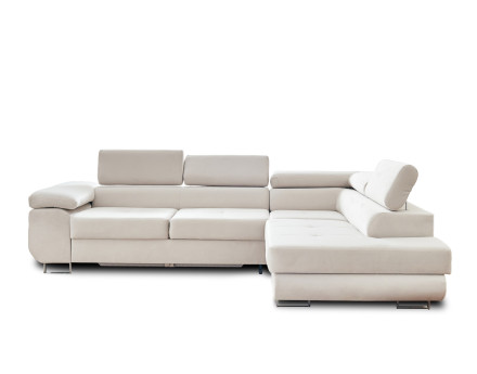 Pablo - canapé d'angle droit en velours convertible avec coffre et têtières réglables 5 places - style contemporain