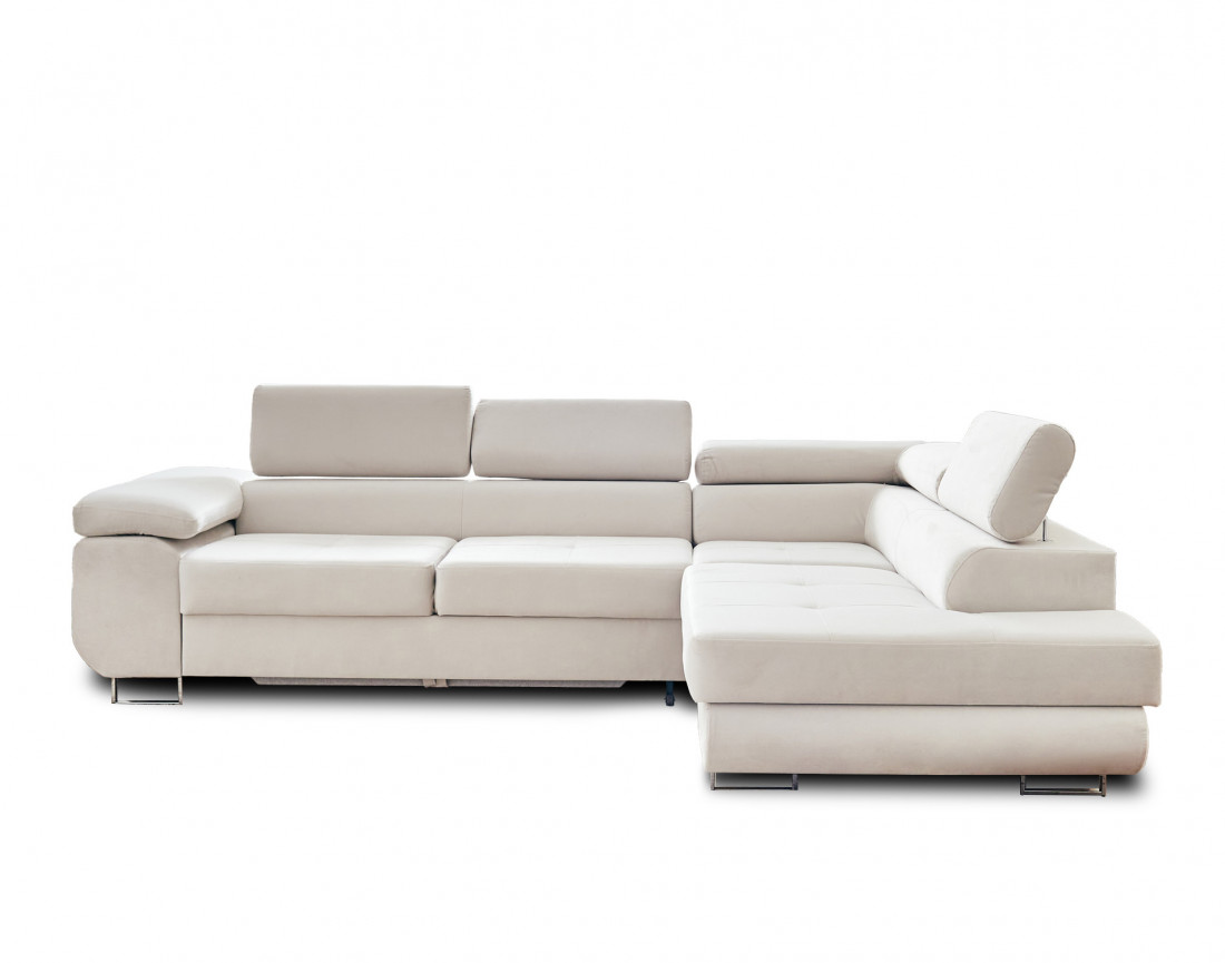 Pablo - canapé d'angle droit en velours convertible avec coffre et têtières réglables 5 places - style contemporain