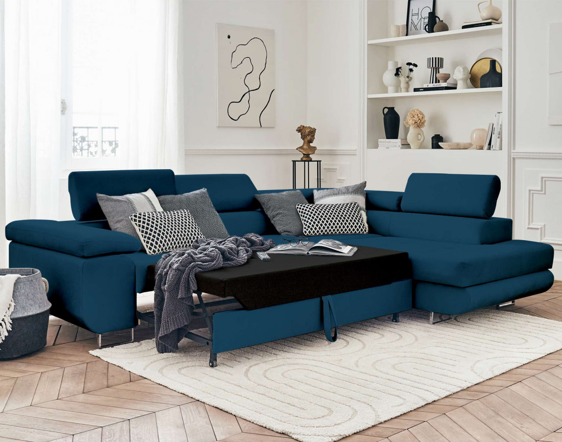 Pablo - canapé d'angle droit en velours convertible avec coffre et têtières réglables 5 places - style contemporain