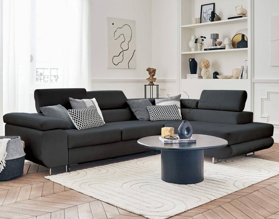 Pablo - canapé d'angle droit en velours convertible avec coffre et têtières réglables 5 places - style contemporain