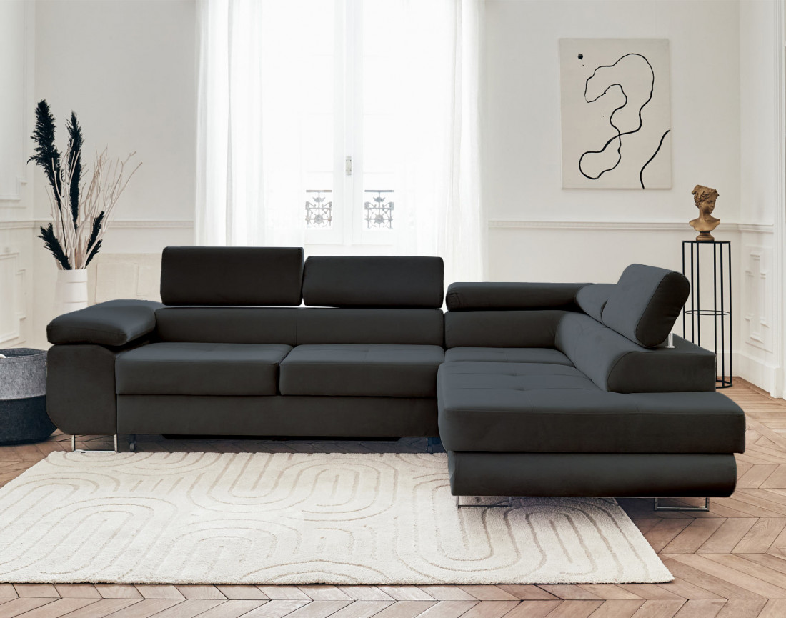 Pablo - canapé d'angle droit en velours convertible avec coffre et têtières réglables 5 places - style contemporain