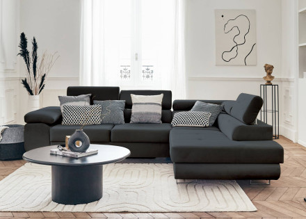 Pablo - canapé d'angle droit en velours convertible avec coffre et têtières réglables 5 places - style contemporain
