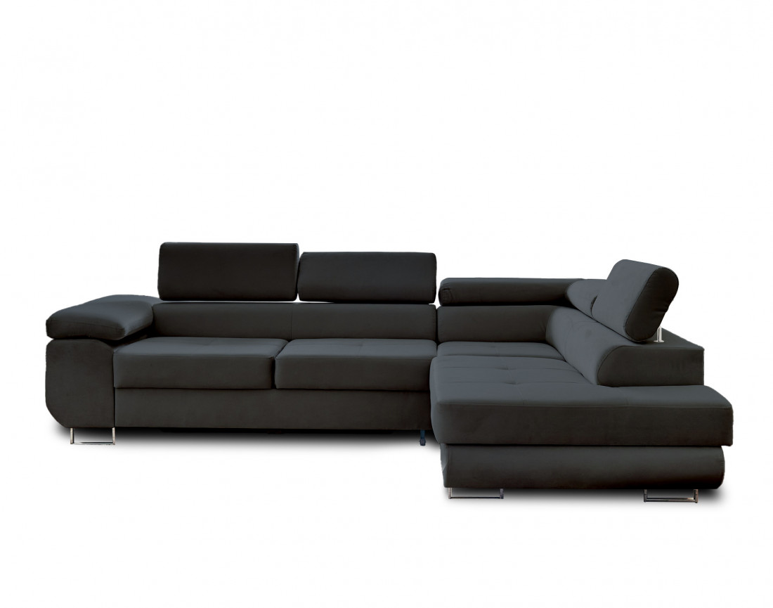 Pablo - canapé d'angle droit en velours convertible avec coffre et têtières réglables 5 places - style contemporain