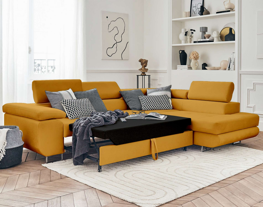 Pablo - canapé d'angle droit en velours convertible avec coffre et têtières réglables 5 places - style contemporain