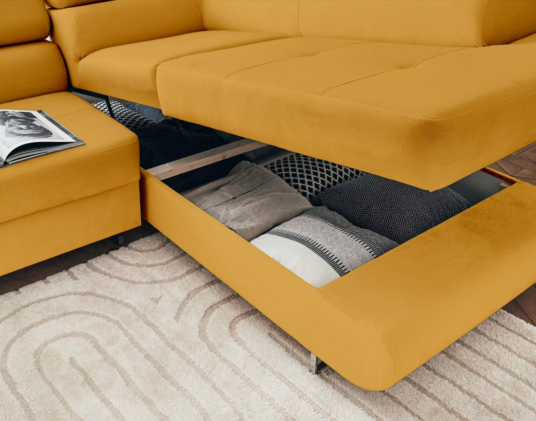 Pablo - canapé d'angle droit en velours convertible avec coffre et têtières réglables 5 places - style contemporain
