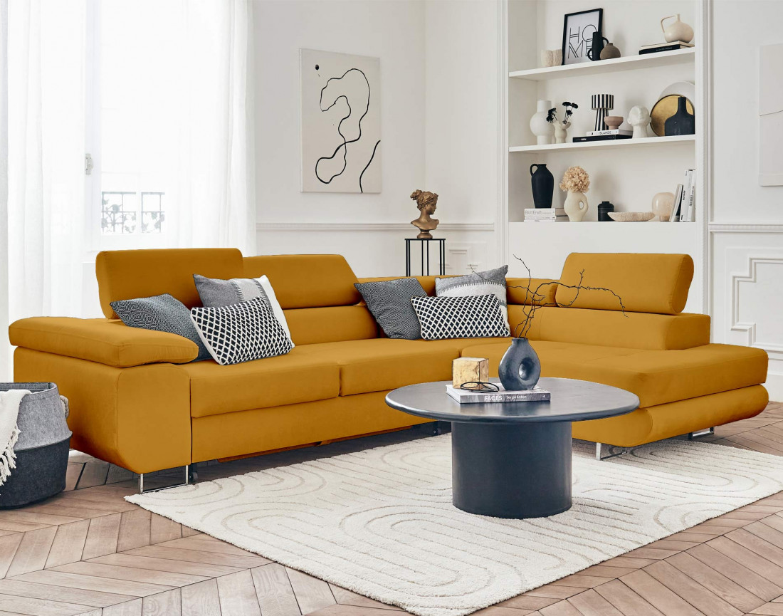 Pablo - canapé d'angle droit en velours convertible avec coffre et têtières réglables 5 places - style contemporain