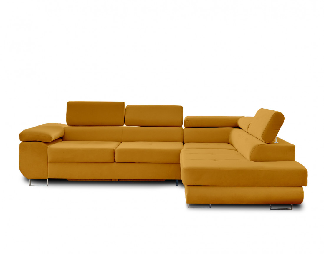 Pablo - canapé d'angle droit en velours convertible avec coffre et têtières réglables 5 places - style contemporain
