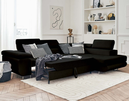 Pablo - canapé d'angle droit en velours convertible avec coffre et têtières réglables 5 places - style contemporain