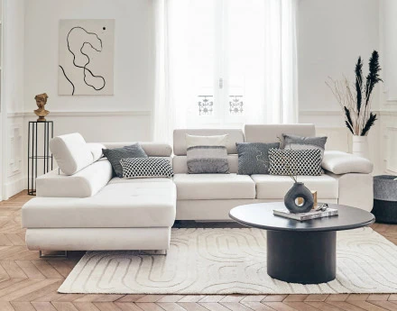 Pablo - canapé d'angle gauche en velours convertible avec coffre et têtières réglables 5 places - style contemporain