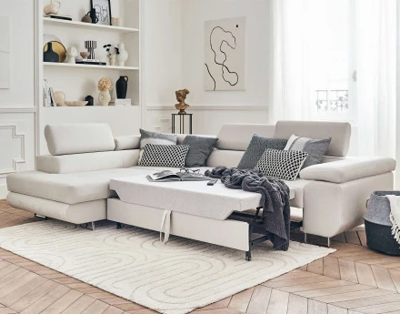 Pablo - canapé d'angle gauche en velours convertible avec coffre et têtières réglables 5 places - style contemporain