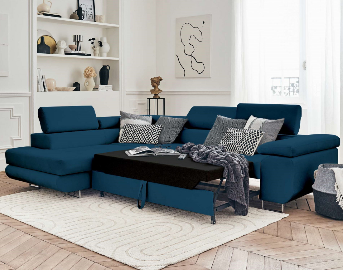 Pablo - canapé d'angle gauche en velours convertible avec coffre et têtières réglables 5 places - style contemporain